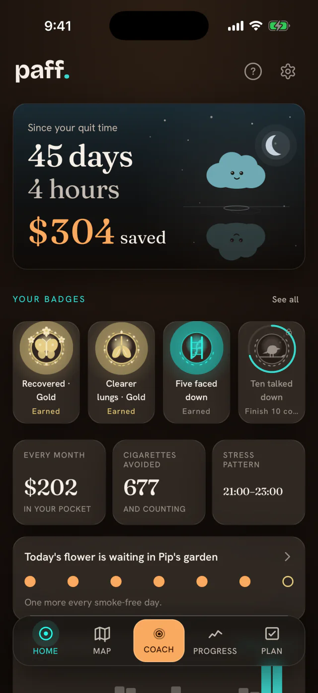 Paff’s home screen: 45 days 4 hours since the quit time, $304 saved, and the medals earned so far.