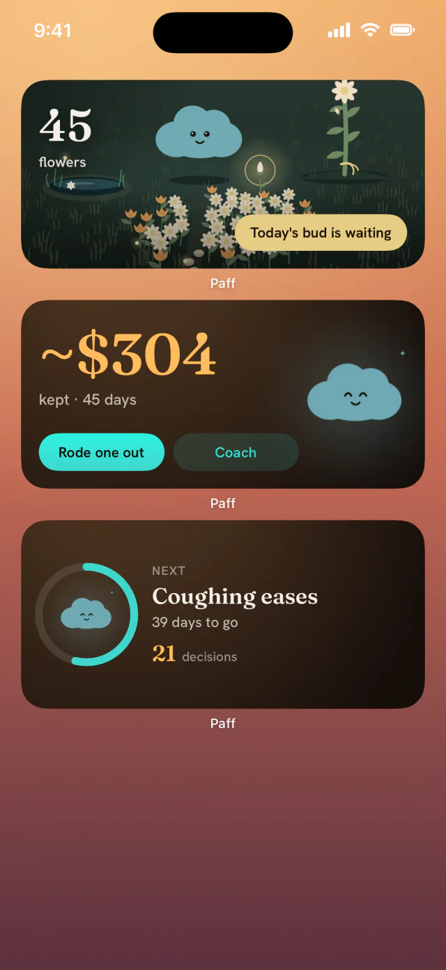 An iPhone Home Screen with Paff’s widgets: the garden, money kept, and the next milestone.