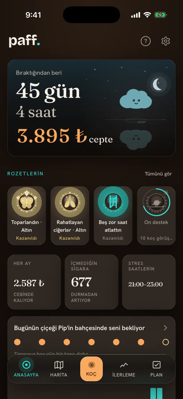 Paff’ın ana ekranında bırakalı 45 gün 4 saat olduğu, cepte kalan 3.895 ₺ ve kazanılan madalyalar görünüyor.