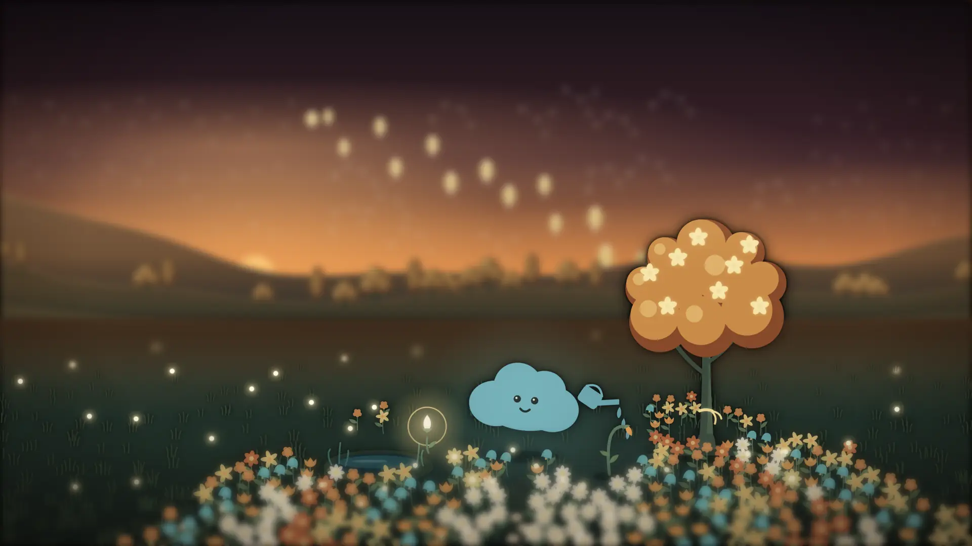 Nim in the garden at night: fireflies, lanterns and a field of flowers, one for every smoke-free day.